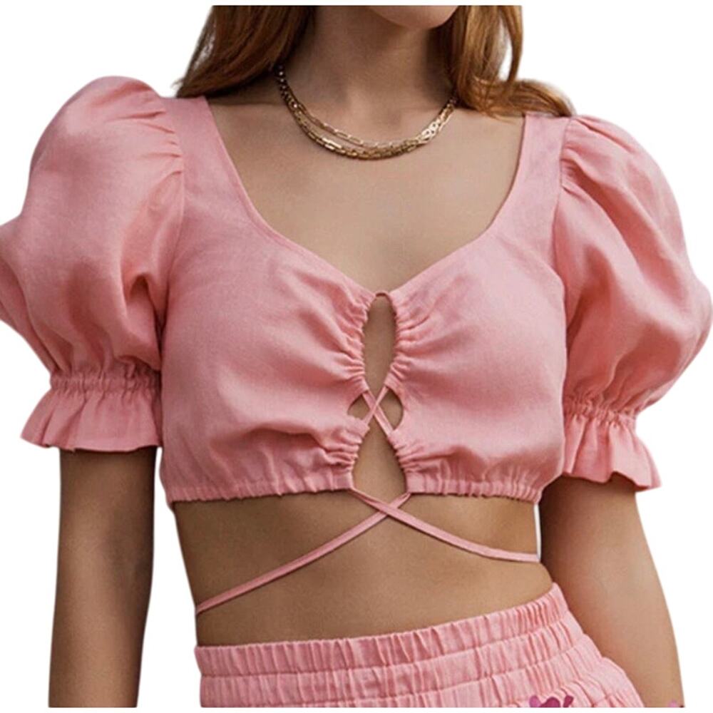 Ephemera Olympia Geranium Crop Blouse 100% Linen Women’s SZ 4